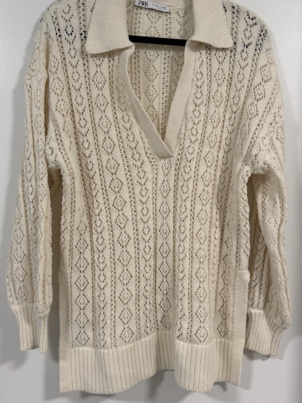 Zara Cream Open-Knit V-Neck Polo Sweater